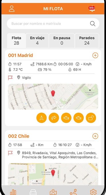 App Vigilo: listado Mi flota con vehículos en viaje, en pausa y parados